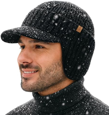 TOP-EX DryKnit - Gorro de punto para hombre, impermeable, 80% lana merino, con forro polar y orejeras, M-XXL, Negro , M-L