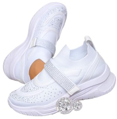 Scarpe da ginnastica ortopediche con strass e cintura in maglia con strass, scarpe da ginnastica ortopediche con plateau, in rete traspirante, scarpe da tennis da sposa, bianco, 38 EU