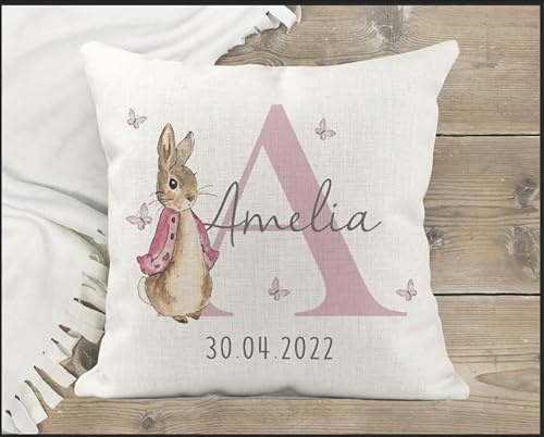 Personalised Nursery Cushion with Name and Date (no insert) (Pink)