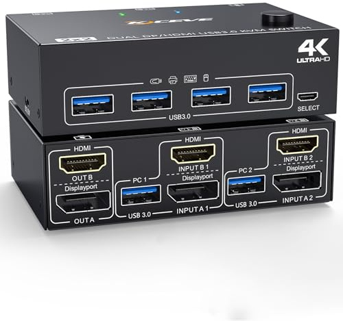 4K@60Hz DP HDMI KVM-switch 2 datorer 2 bildskärmar, dubbel skärm KVM-switch 2 datorer med 4 delade USB 3.0-portar, inklusive HDMI-, DP- och USB-kabel samt kabelansluten fjärrkontroll