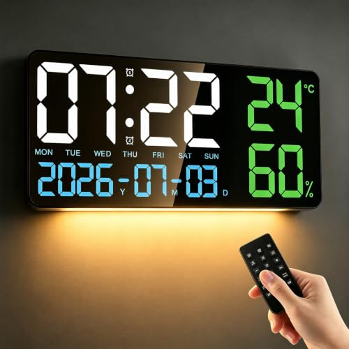Focenat 15 Reloj Digital Pared Grande, Reloj de Pared Digital LED con Mando a Distancia, Temperatura, Fecha, Alarmas, Temporizador, 7 Colores Luz Nocturna, Brillo Ajustable, para Salon Cocina Oficina