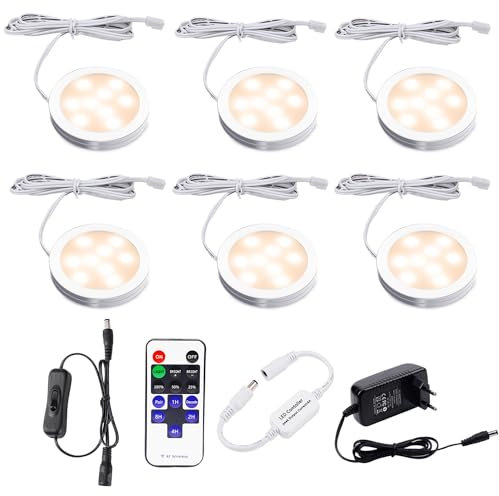 AIBOO Unterbauleuchte Küche LED Mit Fernbedienung,Dimmbar LED Schrankbeleuchtung 12V Kabel 6 Stück,Küchenlampen Beleuchtung Unterschrankleuchte Weiß mit Schalter Küchenlicht 12W 230V,Warmweiß 2700K