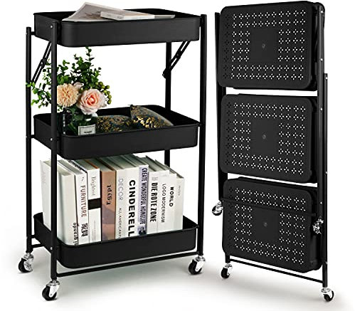 Todeco Klappbarer Rollwagen mit 3 Ebenen, Servierwagen, Küchenwagen aus Metall und Kunststoff, Keine Montage, 46 x 29 x 78 cm, für Bad, Küche (Schwarz)