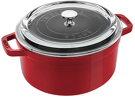 Staub Dutch Oven Gusseisen 4 qt Runde Cocotte mit Glasdeckel, hergestellt in Frankreich, serviert 3-4, Kirsche