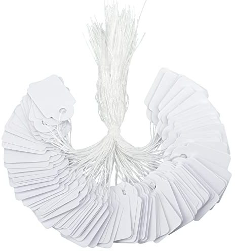 G2PLUS 500PCS Small Price Tags with String Attached, 0.94 X 0.59 in White Blank Marking Tags, Pricing Display Tag Writable Label Hang Tag for Jewelry Price, Clothing Garage Yard Sale Supplies