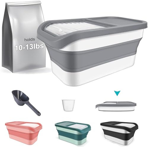 YECERCAN Pet Food Storage Containers, Collapsible Cat Food Container with Transparent Sliding Lid,10-13 lb Plastic Dog Food Bin with Measuring Cup and Dog Food Scoop