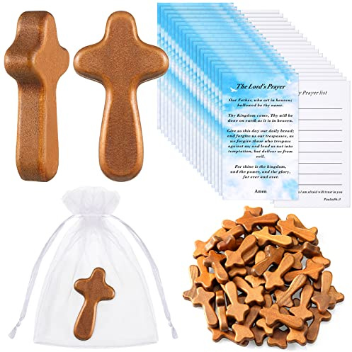 Gerrii 150 Pcs Mini Wood Holding Hand Crosses 2.56'' Pine Wooden Cross with 50 Bible Prayer Cards and 50 Organza Bags for Christmas Christian Church Jesus Cross Gift