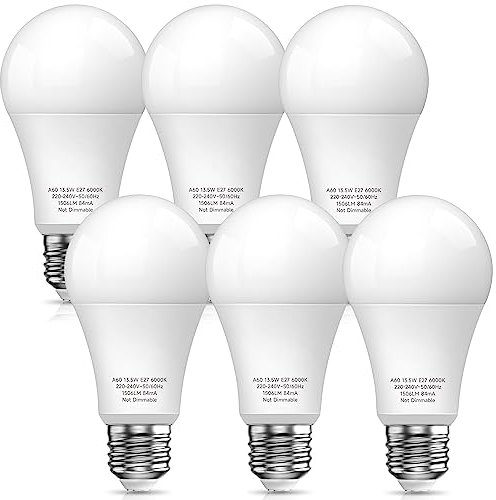 Plusluck E27 LED Lampe, 13.5W Super Hell, Ersetzt 100W, Kaltweiss 6000K, 1506LM, A60 Leuchtmittel, 240° Abstrahlwinkel, Nicht Dimmbar, 6 Stück