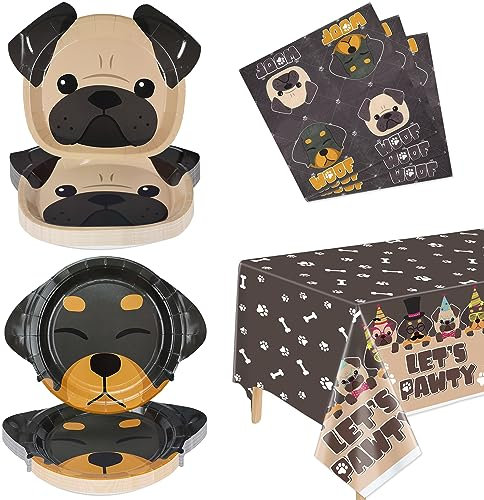 PIXHOTUL Decoraciones de fiesta de perro, platos con forma de perro, 61 piezas de suministros de fiesta para perros y niños, incluye platos para perros, mantel Let's Pawty, servilletas, sirve para 20