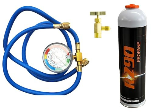 Kit de remplissage R290 avec boîte de gaz 370 g + valve + tuyau manomètre pour climatisation, pompe à chaleur, réfrigérateur