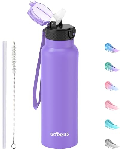 GOPPUS Borraccia in acciaio inox da 750 ml con cannuccia, borraccia isolata a doppia parete con cinghia, riutilizzabile, termo sottovuoto, a prova di perdite, mantiene le bevande fredde, borraccia con