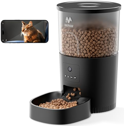IMIPAW Distributore Automatico Cibo Gatti 5G WiFi con Telecamera, 1080P HD con Visione Notturna, Tecnologia Anti Intasamento, Dispenser Automatico Cibo per Animali con Controllo APP