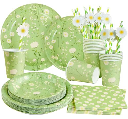 SUNBEAUTY Daisy Tableware Set, Green Plates, Cups and Napkins for Spring Garden Party, Afternoon Tea, Wedding, Birthday, Engagement - 16 Guests