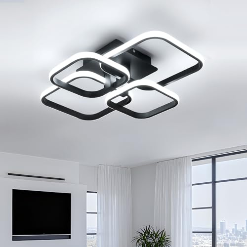 DELIPOP Mordern LED Ceiling Light, 60W 6750LM 6500K 4 Squares Ceiling Lamp | Semi Flush Mount Chandelier Ceiling Light Black for Bedroom, Kitchen, Dining Room