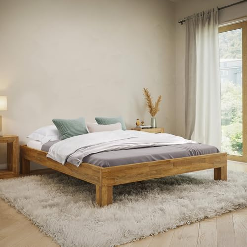 skølm Floki Massivholzbett 160x200 cm aus Eiche - hochwertiges Bettgestell - Bettrahmen ohne Bettkopf - Holzbett in Natur geölt - Bett 160x200 cm geeignet als Doppelbett - Futonbett
