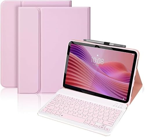 KTOITION Funda Teclado para Tablet Lenovo Tab 10.1'' TB311FU/TB311XU, Soporte para Lápiz y Teclado Recargable, [Español] Magnético Desmontable Bluetooth Teclado for Tablet 10.1 Pulgadas (Rosa)