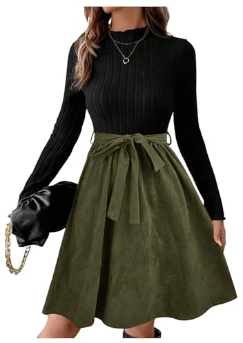 GORGLITTER Women's Rib Knit Colorblock A Line Knee Length Dresses Mock Neck Long Sleeve Belted Flowy Winter Dress Army Green Medium