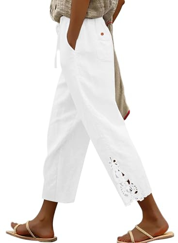 Angerella Women Casual Linen Pants Lightweight Drawstring Elastic Waist Summer Trendy Ankle Cropped Pants Trousers with Pockets White XXL