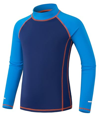Kinder UV Shirt Langarm mit Reflektorstreifen Jungen Mädchen Badeshirt UPF 50+ Sonnenschutz Schwimmshirt Rashguard Schnelltrocknend Chlorresistent Blau 9-10 Jahre
