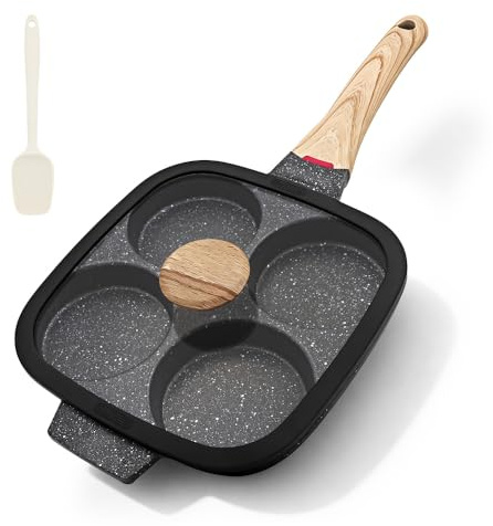 Bobikuke Poêle Pancake 4 Trous, Poêle à Pancake avec Couvercle, Noir | Poele Oeuf Antiadhésive en Aluminium pour Petit-Déjeuner et Omelette, pour Cuisinière à Gaz et Induction