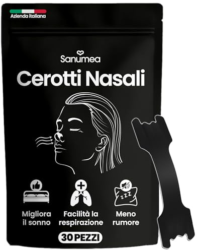 Sanumea © Cerotti Nasali Anti Russamento Uomo e Donna. 30 Cerotti Nasali Antirussamento di Alta Qualità. Cerotti Nasali Sport Respira Bene, Dimensioni Universali. Facili da Applicare, Marca Italiana.