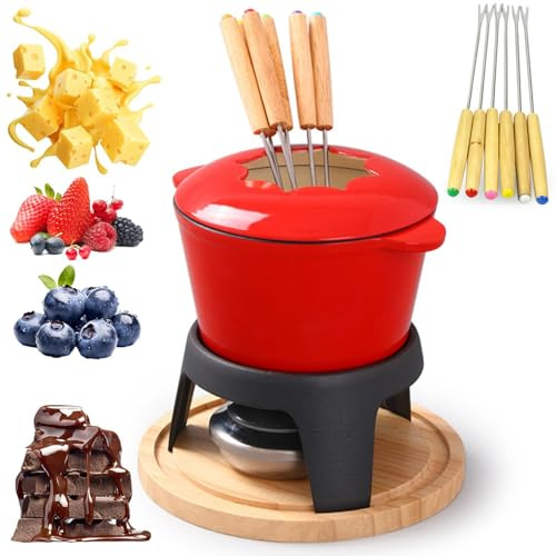 Ostfondue Set Non-stick beläggning, lätt att rengöra chokladfondue | Gjutjärn Fondue Pot Set med 6 Fondue gafflar, Choklad smältdegel for smält ost