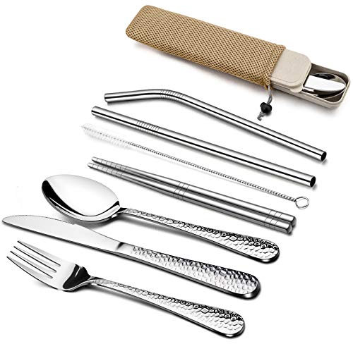 HaWare 9 Piece Portable Hammered Cutlery Sets, Stainless Steel Camping Flatware for 1, Travel Utensils Including Knife, Fork, Spoon, Chopsticks, Cleaning Brush, Straws, Portable Case & Bag (Wheat)