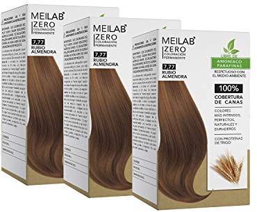 MEILAB Tinte Permanente Sin Amoníaco Color Rubio tabaco medio 7-77 – Cobertura 100% Canas – Con Vitamina F – Color Duradero y Brillante – Pack 3 Unidades