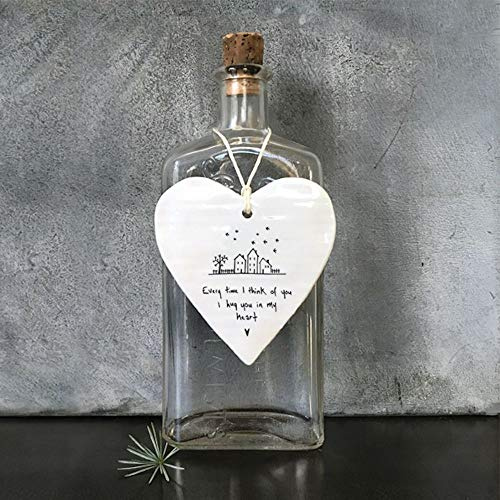 East of India Porcelain Hanging Heart 'Every time I think of you I hug you in my heart' Gift | Hanging Decoration | Sentimental Heart