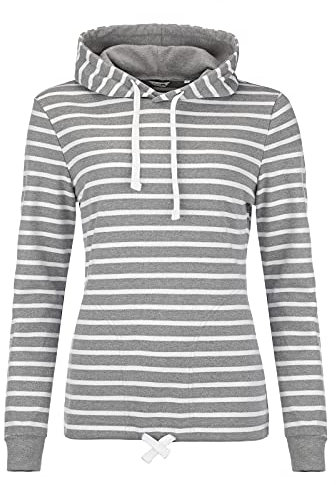 modAS Damen Kapuzenshirt Langarmshirt gestreift - Kapuzenpullover Streifenshirt Ringelshirt mit Kapuze aus Baumwolle in Grau-Melange/Weiß Größe 38