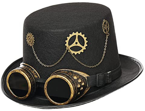 Damen Steampunk Zylinder Hut mit Brille für Herren Halloween Cosplay Kostüme Hüte für Party (58cm/22.8 Inches, Schwarz)