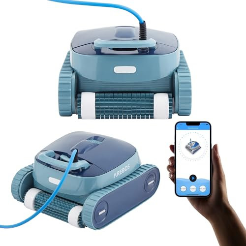 Arebos Robot automatico per piscina | Runner per piscine fino a max. 100 m³ | Pulitore per piscina per pareti, pavimento e linea di acqua con controllo APP | 3 modalità di pulizia