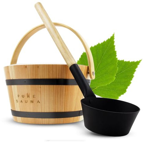 Pure Scentum Saunaeimer - und Schöpfset aus Holz mit 4L Kapazität. Ergonomisches Griffdesign aus Zedernholz, Titan und recyceltem Kunststoff. Hochwertiges Zubehör.