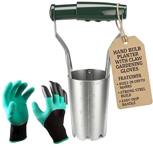 My Garden Bulb Planter Tool with Claw Gloves & Built in Depth Marker - Steel Garden Bulb Planting Tool with Easy Grip Handle For Digging Transplanting - Easy Release Handle Removes & Ejects Soil