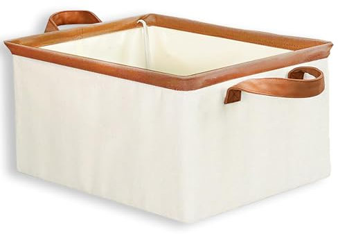 Storage Boxes for Shelves, Small Collapsible Storage Baskets Box, Foldable Linen Fabric Open Storage Basket with Handles, Organiser for Cupboard Wardrobe Closet Makeup Sundries (white)