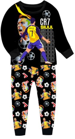 Suyaluoi Jungen Pyjamas Ronaldo No.7 Fans Baumwolle Homewear Pajama Set Langarm Casual Fußball Nachtwäsche Pjs Set (DE/NL/SE/PL, Alter, 10 Jahre, 11 Jahre, Regular, Schwarz)