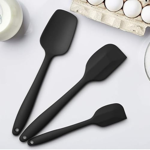 Hongmeru Silicone Spatula Spoon Set, 3-Piece Food Grade BPA Free Non-Stick with Steel Core, Heat Resistant Kitchen Scraper Spatulas and Baking Tools for Mixing Batter, Cooking Utensils, Black