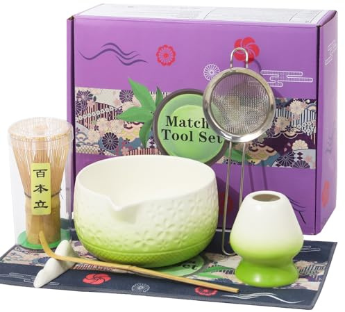 Kit Te Matcha de Cerámica 7 Piezas, Matcha Set con Cuenco de Matcha, Cuchara, Colador, Batidor, Portacucharasy Soporte para la Batidora, Kit Matcha Completo, Regalo para Navidad y Cumpleaños