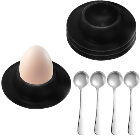 Quyueug - Ensemble de 4 coquetiers à œufs noirs et cuillères en acier inoxydable - Noir mat, réutilisables, incassables, ensemble prêt à l'emploi pour tous vos besoins en œufs