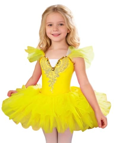 LXGKEKSKG Abito da balletto per ragazze come costume da ballo giocoso con morbida gonna a rete, ideale per spettacoli e occasioni di festa, giallo., 7-8 Anni