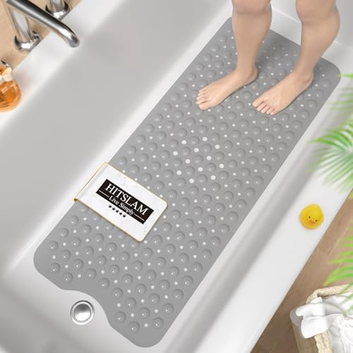 HITSLAM Non Slip Bath Mat for Tub, 101 x 40cm Extra Long Shower Mat Anti Mould, Machine Washable Bathroom Bathtub Mat with Suction Cups and Drain Holes, Soft on Feet, Opaque gray