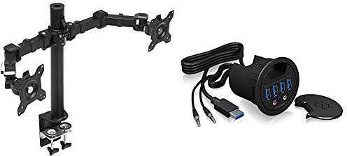 Amazon Basics - Doppel-Monitorständer, höhenverstellbar, Stahl & ICY Box IB-Hub1403A USB-Tisch-Hub (60 mm) zum Einbau, 4X USB 3.0 Anschlüsse, Audio EIN-/Ausgang, Kabeldurchführung Schwarz