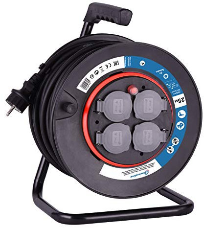 Electraline 49125 Kabeltrommel H05VV-F 3G1,5 25 m Kabel/Kabelrolle mit 4 Schuko-Steckdosen/Kabelbox mit Verlängerungskabel/Leitungsroller mit Kurbel, Schwarz, Schwartz, New