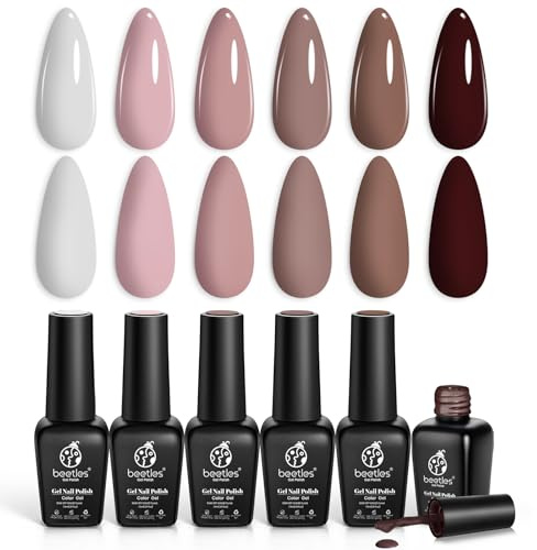 Beetles - Juego de esmaltes de uñas de gel marrón, beige, malva, rosa, nude blanco, neutro, 6 colores, colección Coffee Cafe, kit de esmalte de uñas de gel para arte de uñas, manicura, lámpara UV LED,