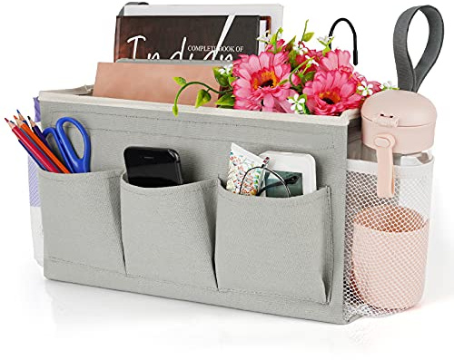 Lilithye Bedside Storage Organizer with Fixed Straps and Water Bottle Holder for Home, College, Dorm, Bunk / Hospital Bed, Crib Bed Rails (Grey)