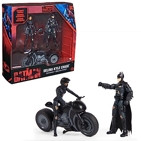 DC Batman The Batman - Juego de 10 cm con Figuras de acción de Batman, Selina Kyle y Bicicleta Selina Kyle, Incluye Accesorios para la película de Batman