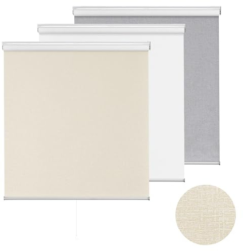 ChrisDowa Cordless 100% Blackout Roller Shade, with Striped Jacquard, Thermal Insulated, UV Protection Fabric, Total Blackout Blinds for Window, French Doors, Home and Office.Beige, 22 W x 72 H