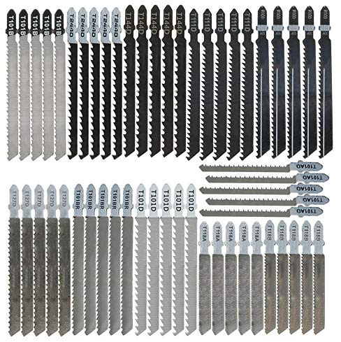Alongen 55pcs T-Shank Jigsaw Blade Set,High Carbon Steel Jigsaw Blades Set Fast Cut Down Assorted Blades for Wood Plastic and Metal Cutting