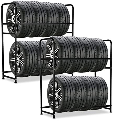 Jopassy Étagère à pneus 8 pneus, 2 supports de pneus 107 x 46 x 117 cm, arbre à jantes pour pneus de voiture, capacité de charge 180 kg, étagère à jantes avec housse de protection des pneus, pour