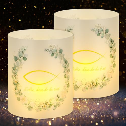 Originelle 12 Windlicht Fisch Tischdeko, Deko Kommunion Taufe Konfirmation Firmung Jugendweihe, Erstkommunion Deko Junge Mädchen, Schön DASS Du Da Bist, Geeignet für Teelichter oder Kerzen